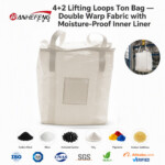 Corner Hanging 4+2 Lifting Loops Ton Bag, Thickened Double Warp Fabric Bulk Bag with Double Material Ports, Moisture-Proof Inner Film for Forklift Crane Lifting
