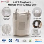 Corner Hanging 4+2 Lifting Loops Ton Bag, Thickened Double Warp Fabric Bulk Bag with Double Material Ports, Moisture-Proof Inner Film for Forklift Crane Lifting
